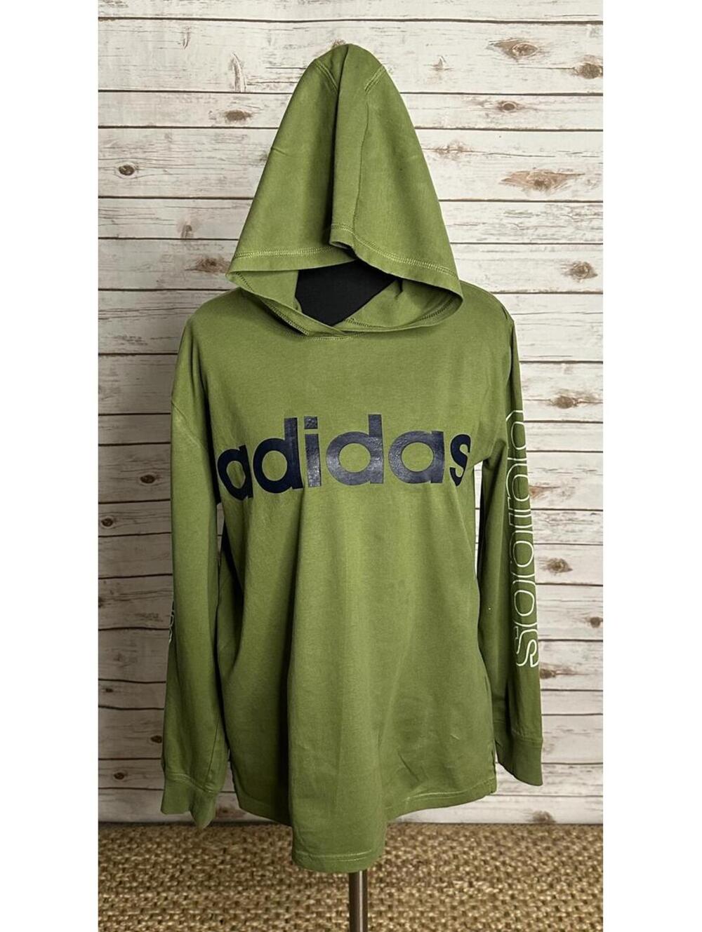 Adidas olive green cotton logo graphic hooded long sleeve t-shirt Youth L(14-16) - Picture 1 of 6